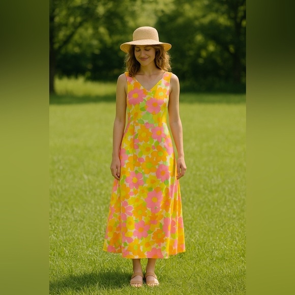 Dresses & Skirts - Vintage Handmade 70s Floral Maxi Dress Pink Orange Green Cotton V-Neck Zip Back